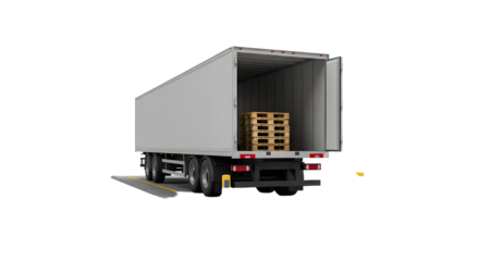 White Delivery Truck with Open Cargo Area Containing Wooden Pallets in Loading Zone