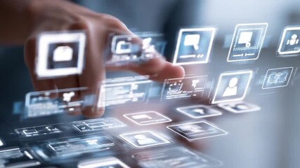 Digital interface with hand interacting with holographic icons - Powered by Adobe