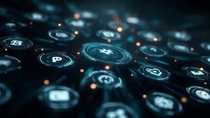 Digital interface with glowing icons representing technology and data - Powered by Adobe