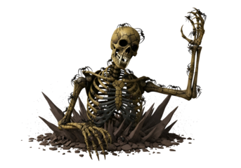 A skeletal figure, decaying and emerging from a rocky earth formation, with a dramatic pose and intricate details.