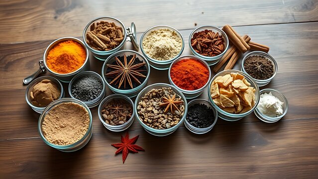 An artistic arrangement of spice cups on a wooden table from an overhead perspective.