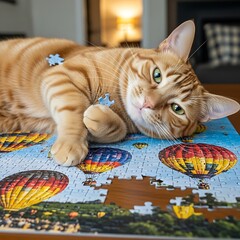 Cute Cat Playing with Jigsaw Puzzle.
