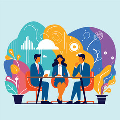 Business discussion among team members with charts and graphs symbolizing growth.