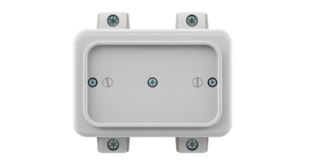 White Electrical Outlet Box with Screws on Plain Background