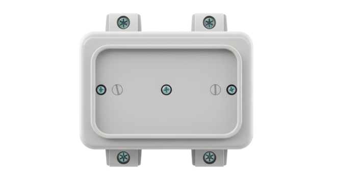 White Electrical Outlet Box with Screws on Plain Background