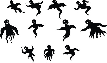 Set of halloween silhouettes black character. Vector illustration. Isolated on white background