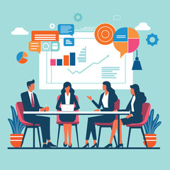 Office meeting with executives collaborating on marketing and project planning.