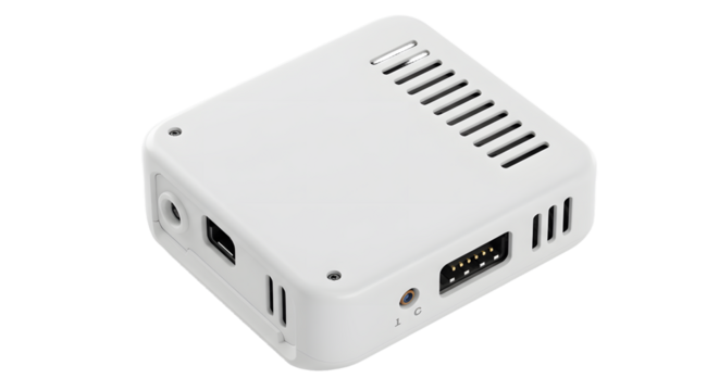 White Electronic Device with Multiple Ports and Vents on Smooth Light Surface