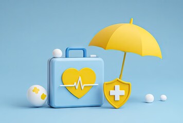 Healthcare insurance concept illustration with heart umbrella and shield