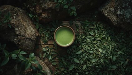 Green liquid beverage rests in a small cup, surrounded by fresh green leaves and dark, textured stones.