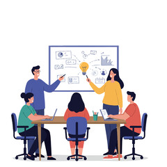 A diverse team of colleagues actively collaborates and discusses new ideas around a large table, looking at a whiteboard, depicted in a vibrant 2D flat vector illustration.