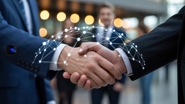 Handshake of Digital Partnership: Two business professionals in sharp suits seal a deal with a firm handshake, a digital network overlay symbolizing collaboration and innovation.