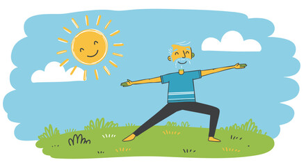 Senior man practicing yoga in a sunny outdoor meadow, embracing a healthy and active lifestyle