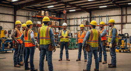 Industrial team in warehouse safety training instructor leads workers discussion