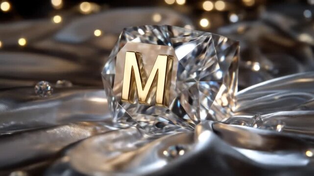 Diamond cube with gold letter m on silky fabric background