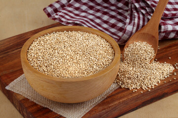 Quinoa seeds in wooden bowl,close up