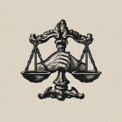 Illustration of a hand holding balance scales for legal concept design