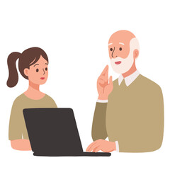 Elderly Man Tutoring Student. Senior Teacher Helping Young Learner. Older Mentor Teaching Education Concept. Elderly Knowledge Sharing Generations. Elderly set