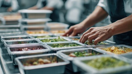 First-Person View of Hands Labeling Food Containers in Commercial Kitchen
