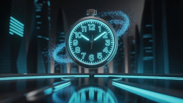 Time's Dance in the Metropolis: A mesmerizing digital clock floats amid a futuristic cityscape, its glowing hands marking the passage of moments and the embrace of time