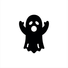 A simple glyph-style Halloween ghost icon in solid black with white background, featuring a floating ghost silhouette, ideal for holiday graphics, spooky themes, and festive branding