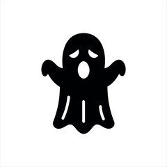 A simple glyph-style Halloween ghost icon in solid black with white background, featuring a floating ghost silhouette, ideal for holiday graphics, spooky themes, and festive branding