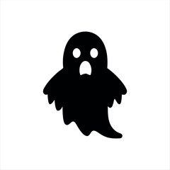 A simple glyph-style Halloween ghost icon in solid black with white background, featuring a floating ghost silhouette, ideal for holiday graphics, spooky themes, and festive branding