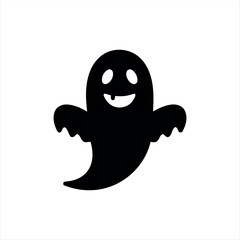 A simple glyph-style Halloween ghost icon in solid black with white background, featuring a floating ghost silhouette, ideal for holiday graphics, spooky themes, and festive branding