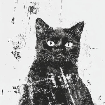 Black Cat Portrait in Grunge Artistic Style - AI Generated Illustration