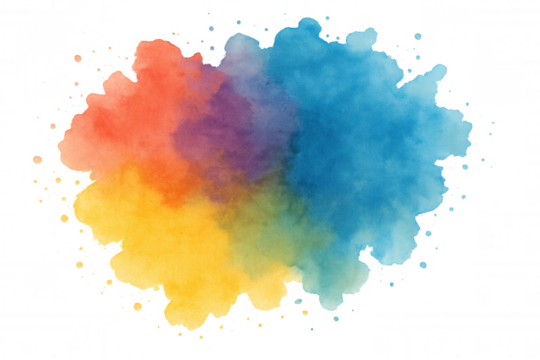 Colorful watercolor paint splash with blending rainbow colors forming an abstract art background on transparent