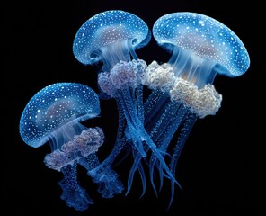 Luminous blue spotted jellyfish displaying grace against black background