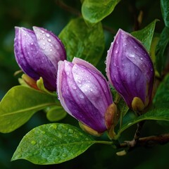 Magnificent purple magnolia buds with water droplets in natural sunlight setting