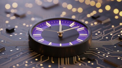 Clock on Circuit Board: A conceptual image of a clock superimposed on a complex circuit board. Showcasing the convergence of time and technology.