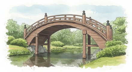 Fototapeta premium Curved Japanese garden bridge with wooden planks over a stream surrounded by trees and natural scenery with water reflections