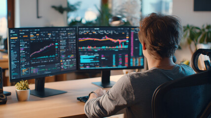 Home Trading Setup with Dual Screens and Focused Young Adult