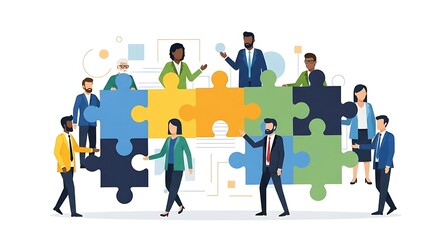 Diverse business team collaborating on a colorful puzzle, symbolizing unity, strategic partnership, and successful problem-solving for shared organizational goals and objectives