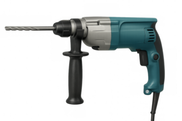 Electric hammer drill with concrete bit on transparent background