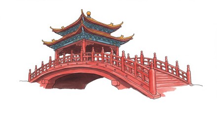 Traditional Chinese red lacquered bridge, with decorative railings in watercolor style illustration isolated on white background