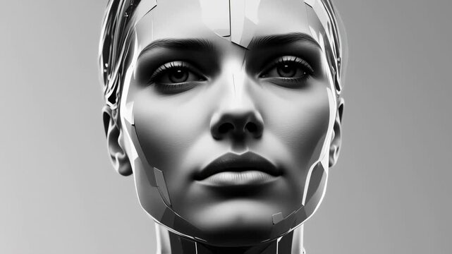 Close up of a futuristic female robot face with metallic skin and intense eyes.