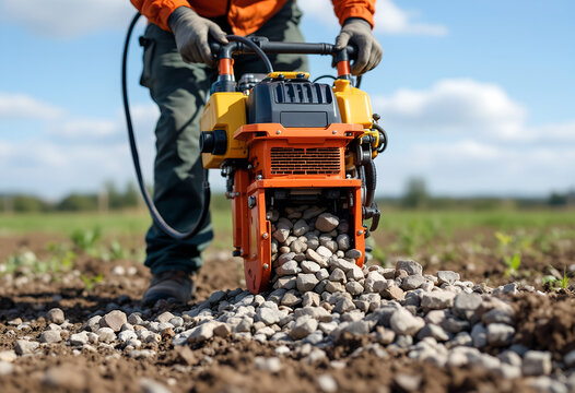 Worker operating a plate compactor on gravel in a field.