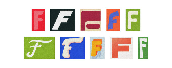 Magazine letter F cutouts collage set, colorful tiles on transparent PNG

