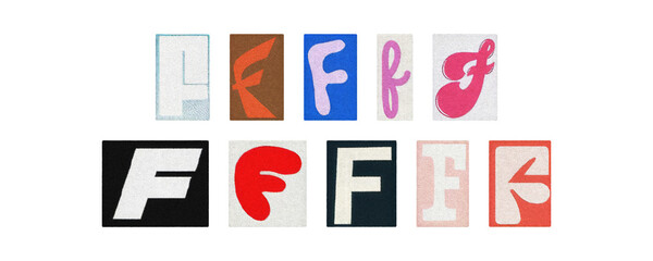 Assorted letter F glyphs, uppercase and lowercase, cutout set on PNG
