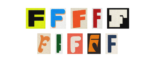 Assorted letter F glyphs, uppercase and lowercase, cutout set on PNG
