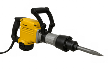 Electric power jackhammer breaking concrete with transparent background