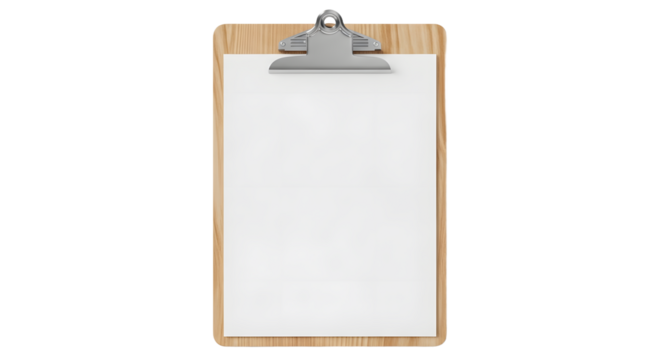 Wooden Clipboard with Blank White Paper on White Background for Office or Business Use
