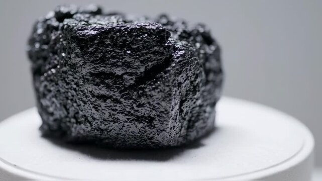 Close up of a rough black mineral specimen on a white surface.