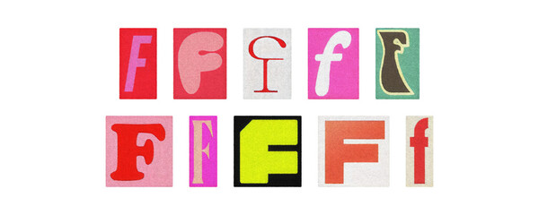 Typography letter F set in diverse fonts, magazine cutouts on PNG
