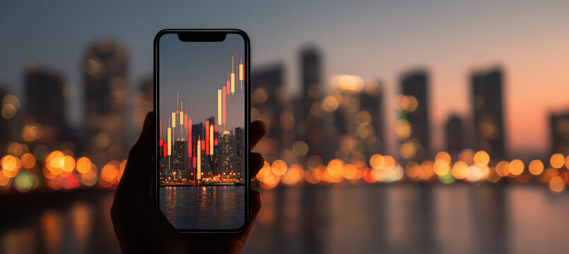 Smartphone Displaying Candlestick Charts Against City Skyline at Dusk
