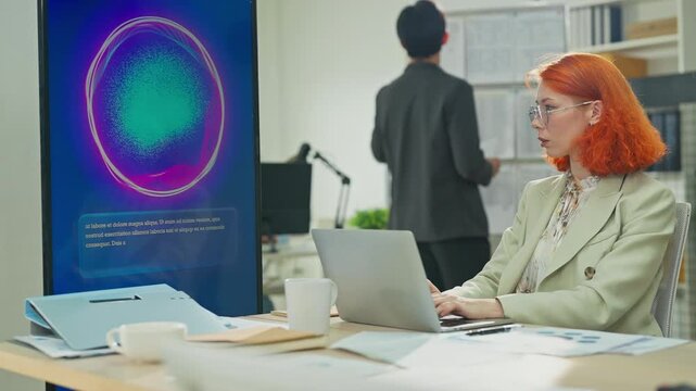 Business professional concentrates in coworking space leveraging AI powered virtual assistant and realtime big data analytics on laptop display for hyper automated workflow intelligence optimization