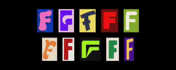 Magazine letter F cutouts collage set on a solid black background
